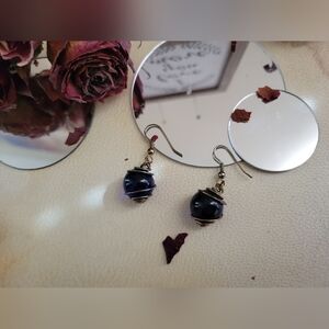 Copper Wire-Wrapped Dark Blue Quartz Ball Earrings